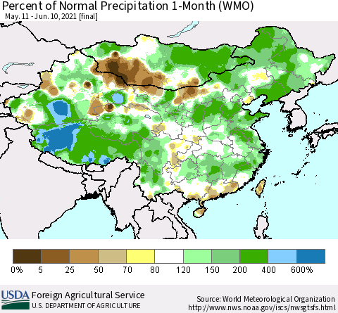 China, Mongolia and Taiwan Percent of Normal Precipitation 1-Month (WMO) Thematic Map For 5/11/2021 - 6/10/2021