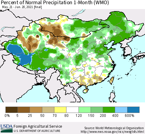 China, Mongolia and Taiwan Percent of Normal Precipitation 1-Month (WMO) Thematic Map For 5/21/2021 - 6/20/2021