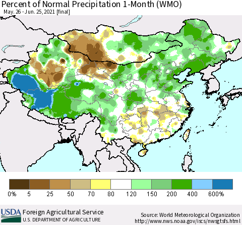 China, Mongolia and Taiwan Percent of Normal Precipitation 1-Month (WMO) Thematic Map For 5/26/2021 - 6/25/2021