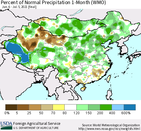China, Mongolia and Taiwan Percent of Normal Precipitation 1-Month (WMO) Thematic Map For 6/6/2021 - 7/5/2021