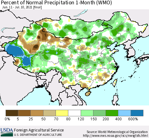 China, Mongolia and Taiwan Percent of Normal Precipitation 1-Month (WMO) Thematic Map For 6/11/2021 - 7/10/2021