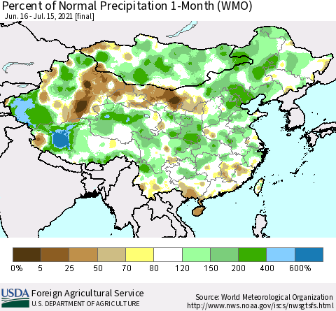 China, Mongolia and Taiwan Percent of Normal Precipitation 1-Month (WMO) Thematic Map For 6/16/2021 - 7/15/2021