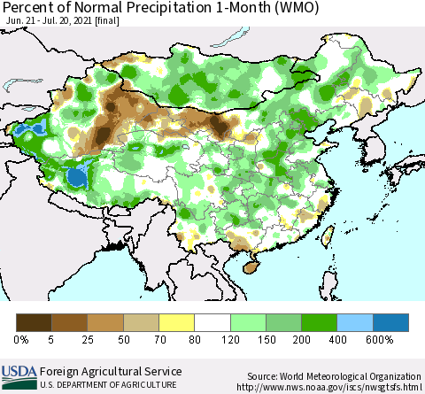 China, Mongolia and Taiwan Percent of Normal Precipitation 1-Month (WMO) Thematic Map For 6/21/2021 - 7/20/2021