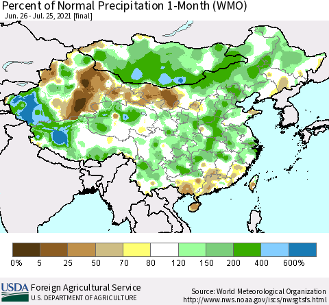 China, Mongolia and Taiwan Percent of Normal Precipitation 1-Month (WMO) Thematic Map For 6/26/2021 - 7/25/2021