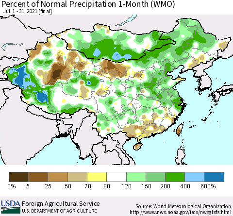 China, Mongolia and Taiwan Percent of Normal Precipitation 1-Month (WMO) Thematic Map For 7/1/2021 - 7/31/2021