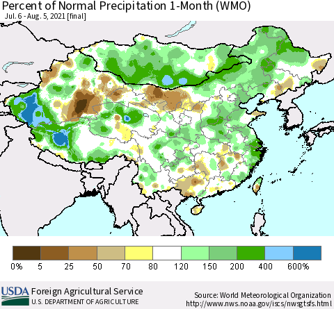 China, Mongolia and Taiwan Percent of Normal Precipitation 1-Month (WMO) Thematic Map For 7/6/2021 - 8/5/2021