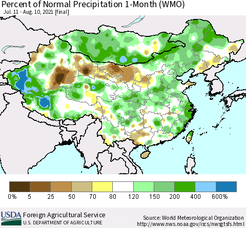 China, Mongolia and Taiwan Percent of Normal Precipitation 1-Month (WMO) Thematic Map For 7/11/2021 - 8/10/2021