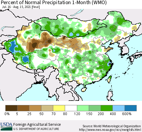 China, Mongolia and Taiwan Percent of Normal Precipitation 1-Month (WMO) Thematic Map For 7/16/2021 - 8/15/2021