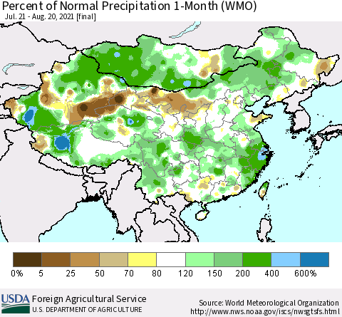 China, Mongolia and Taiwan Percent of Normal Precipitation 1-Month (WMO) Thematic Map For 7/21/2021 - 8/20/2021