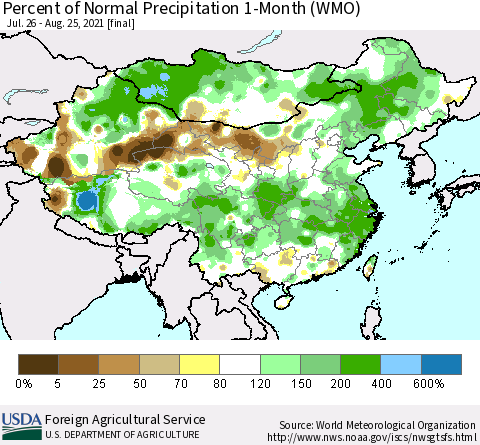 China, Mongolia and Taiwan Percent of Normal Precipitation 1-Month (WMO) Thematic Map For 7/26/2021 - 8/25/2021