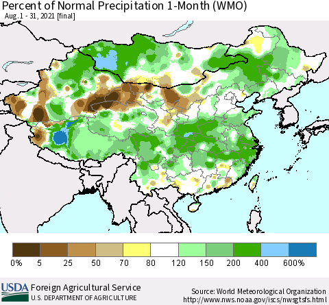 China, Mongolia and Taiwan Percent of Normal Precipitation 1-Month (WMO) Thematic Map For 8/1/2021 - 8/31/2021