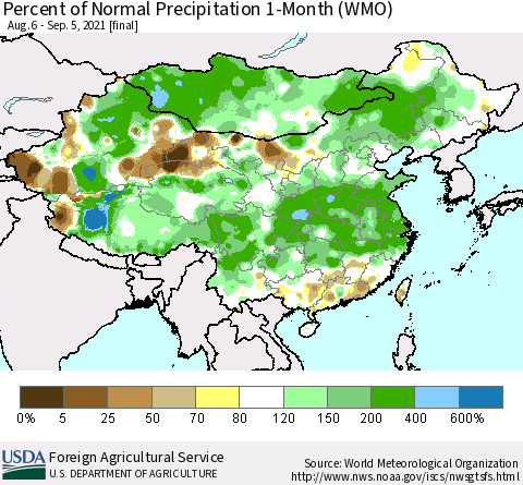 China, Mongolia and Taiwan Percent of Normal Precipitation 1-Month (WMO) Thematic Map For 8/6/2021 - 9/5/2021