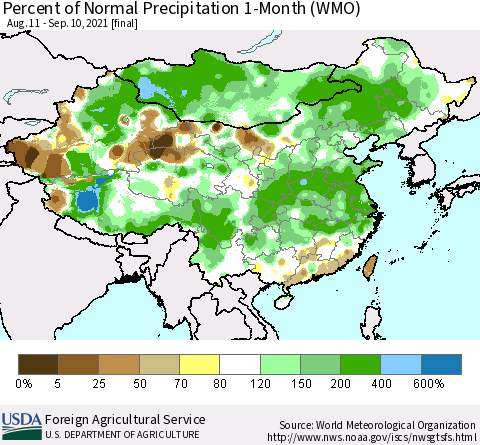 China, Mongolia and Taiwan Percent of Normal Precipitation 1-Month (WMO) Thematic Map For 8/11/2021 - 9/10/2021