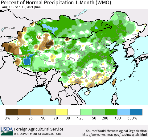 China, Mongolia and Taiwan Percent of Normal Precipitation 1-Month (WMO) Thematic Map For 8/16/2021 - 9/15/2021