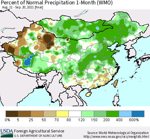 China, Mongolia and Taiwan Percent of Normal Precipitation 1-Month (WMO) Thematic Map For 8/21/2021 - 9/20/2021