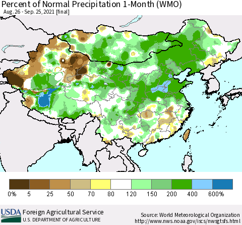China, Mongolia and Taiwan Percent of Normal Precipitation 1-Month (WMO) Thematic Map For 8/26/2021 - 9/25/2021