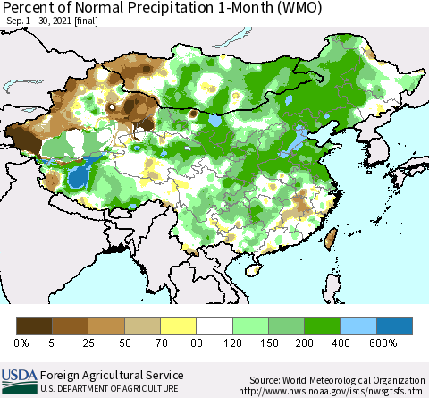 China, Mongolia and Taiwan Percent of Normal Precipitation 1-Month (WMO) Thematic Map For 9/1/2021 - 9/30/2021