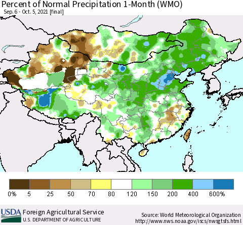 China, Mongolia and Taiwan Percent of Normal Precipitation 1-Month (WMO) Thematic Map For 9/6/2021 - 10/5/2021