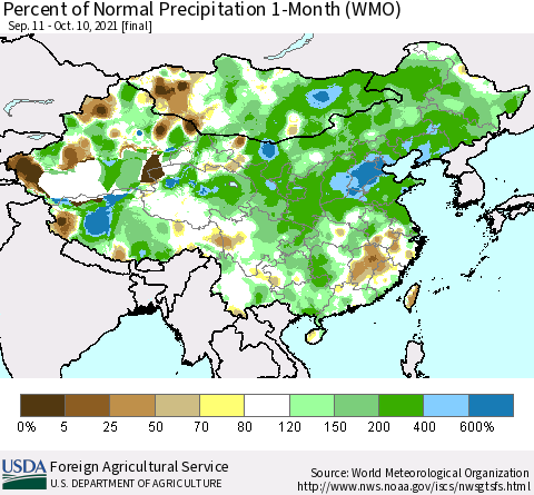China, Mongolia and Taiwan Percent of Normal Precipitation 1-Month (WMO) Thematic Map For 9/11/2021 - 10/10/2021