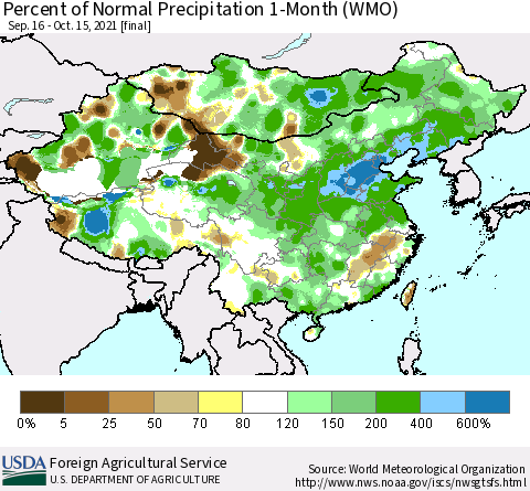 China, Mongolia and Taiwan Percent of Normal Precipitation 1-Month (WMO) Thematic Map For 9/16/2021 - 10/15/2021