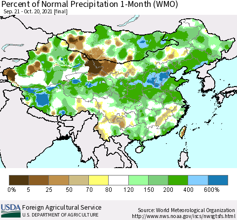 China, Mongolia and Taiwan Percent of Normal Precipitation 1-Month (WMO) Thematic Map For 9/21/2021 - 10/20/2021