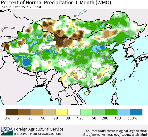 China, Mongolia and Taiwan Percent of Normal Precipitation 1-Month (WMO) Thematic Map For 9/26/2021 - 10/25/2021