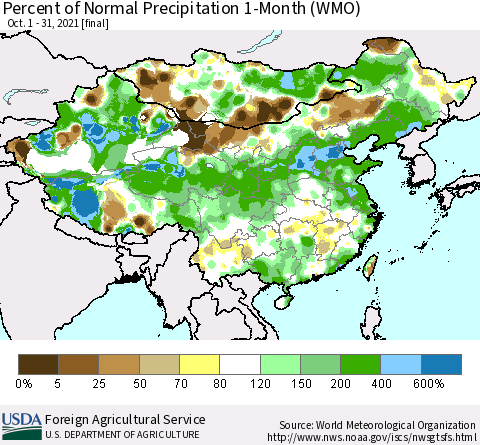 China, Mongolia and Taiwan Percent of Normal Precipitation 1-Month (WMO) Thematic Map For 10/1/2021 - 10/31/2021