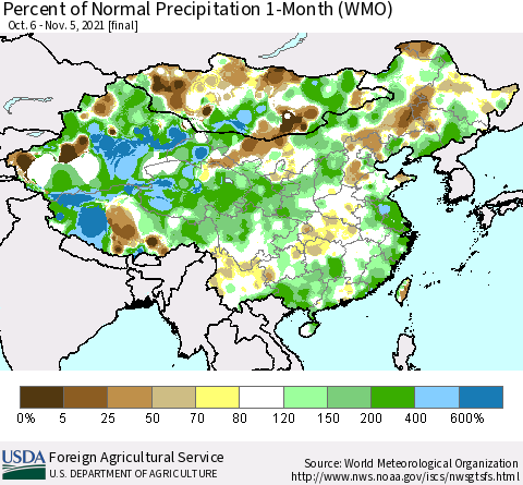 China, Mongolia and Taiwan Percent of Normal Precipitation 1-Month (WMO) Thematic Map For 10/6/2021 - 11/5/2021