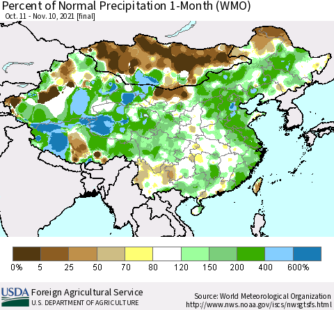 China, Mongolia and Taiwan Percent of Normal Precipitation 1-Month (WMO) Thematic Map For 10/11/2021 - 11/10/2021