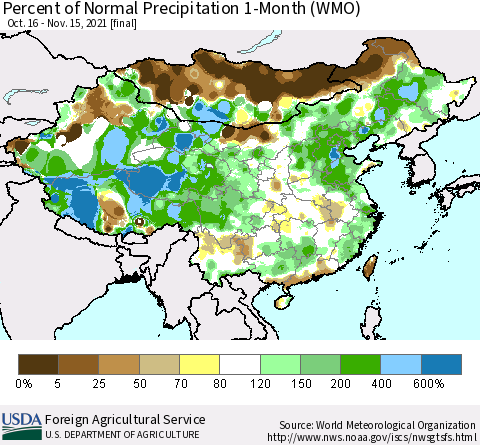 China, Mongolia and Taiwan Percent of Normal Precipitation 1-Month (WMO) Thematic Map For 10/16/2021 - 11/15/2021