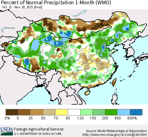 China, Mongolia and Taiwan Percent of Normal Precipitation 1-Month (WMO) Thematic Map For 10/21/2021 - 11/20/2021