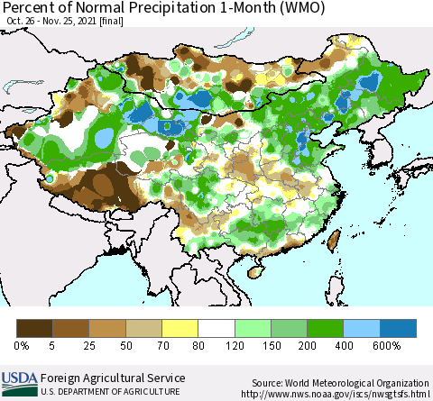 China, Mongolia and Taiwan Percent of Normal Precipitation 1-Month (WMO) Thematic Map For 10/26/2021 - 11/25/2021