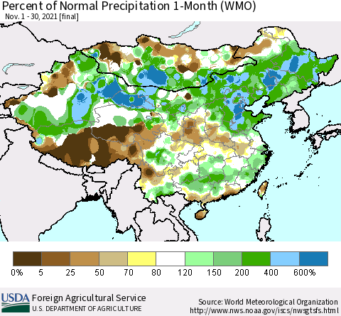 China, Mongolia and Taiwan Percent of Normal Precipitation 1-Month (WMO) Thematic Map For 11/1/2021 - 11/30/2021