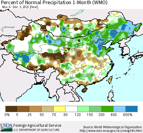 China, Mongolia and Taiwan Percent of Normal Precipitation 1-Month (WMO) Thematic Map For 11/6/2021 - 12/5/2021