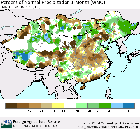 China, Mongolia and Taiwan Percent of Normal Precipitation 1-Month (WMO) Thematic Map For 11/11/2021 - 12/10/2021