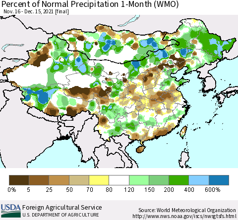 China, Mongolia and Taiwan Percent of Normal Precipitation 1-Month (WMO) Thematic Map For 11/16/2021 - 12/15/2021