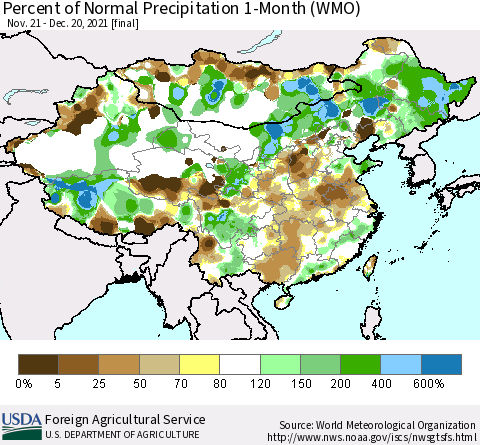 China, Mongolia and Taiwan Percent of Normal Precipitation 1-Month (WMO) Thematic Map For 11/21/2021 - 12/20/2021