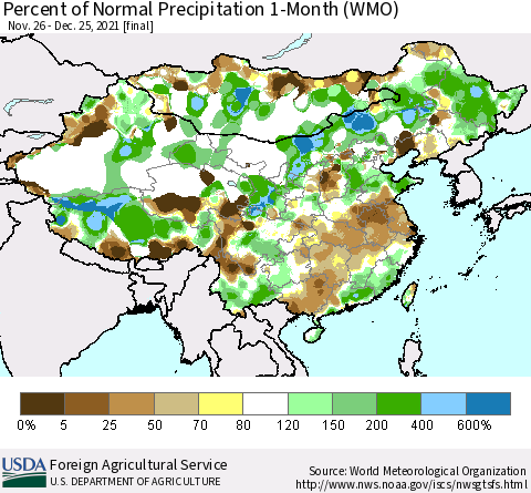 China, Mongolia and Taiwan Percent of Normal Precipitation 1-Month (WMO) Thematic Map For 11/26/2021 - 12/25/2021
