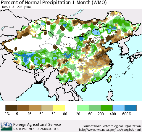 China, Mongolia and Taiwan Percent of Normal Precipitation 1-Month (WMO) Thematic Map For 12/1/2021 - 12/31/2021