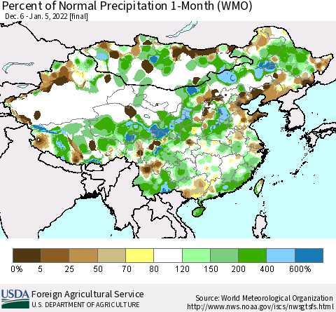 China, Mongolia and Taiwan Percent of Normal Precipitation 1-Month (WMO) Thematic Map For 12/6/2021 - 1/5/2022