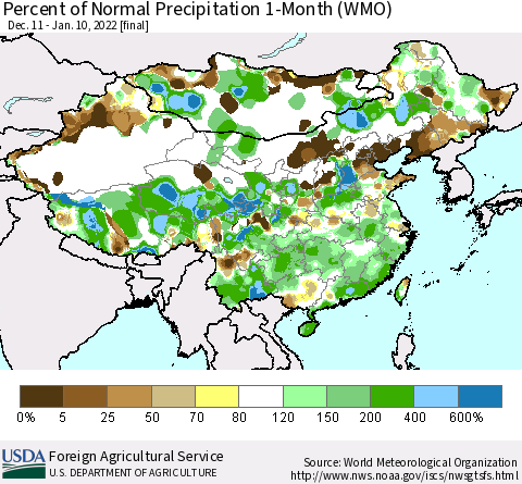 China, Mongolia and Taiwan Percent of Normal Precipitation 1-Month (WMO) Thematic Map For 12/11/2021 - 1/10/2022