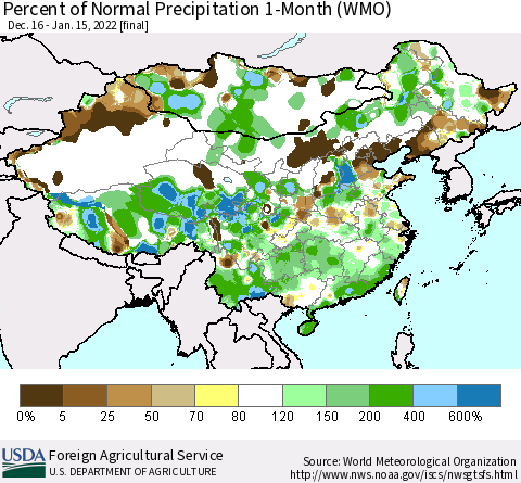 China, Mongolia and Taiwan Percent of Normal Precipitation 1-Month (WMO) Thematic Map For 12/16/2021 - 1/15/2022