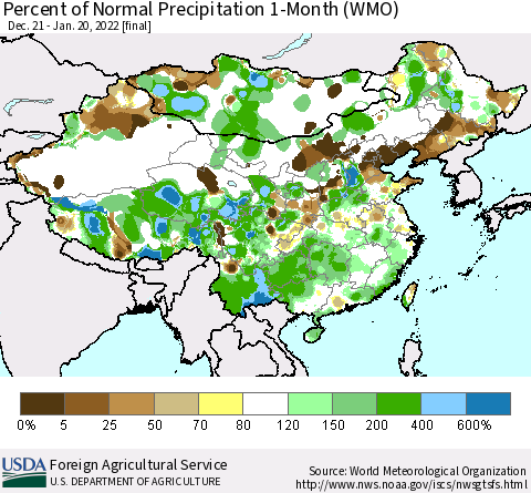 China, Mongolia and Taiwan Percent of Normal Precipitation 1-Month (WMO) Thematic Map For 12/21/2021 - 1/20/2022