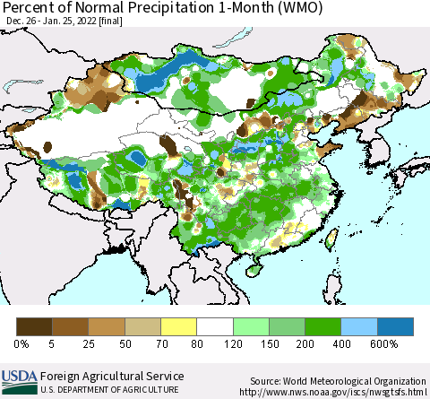 China, Mongolia and Taiwan Percent of Normal Precipitation 1-Month (WMO) Thematic Map For 12/26/2021 - 1/25/2022