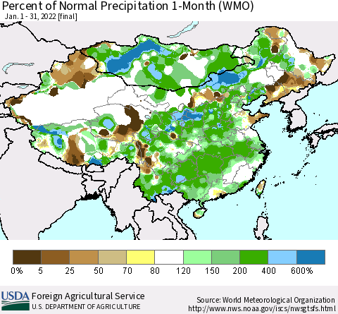 China, Mongolia and Taiwan Percent of Normal Precipitation 1-Month (WMO) Thematic Map For 1/1/2022 - 1/31/2022
