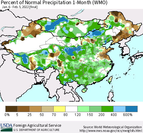 China, Mongolia and Taiwan Percent of Normal Precipitation 1-Month (WMO) Thematic Map For 1/6/2022 - 2/5/2022