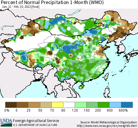 China, Mongolia and Taiwan Percent of Normal Precipitation 1-Month (WMO) Thematic Map For 1/11/2022 - 2/10/2022