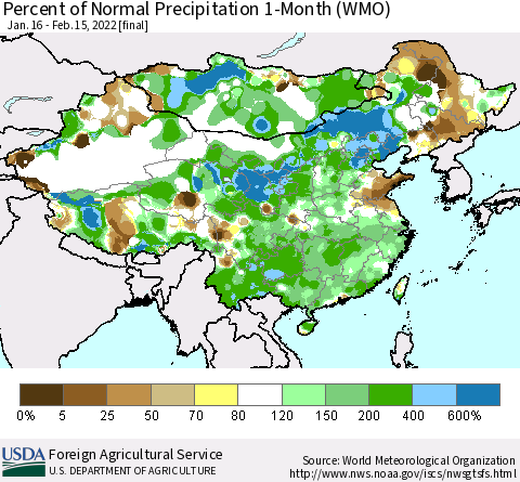 China, Mongolia and Taiwan Percent of Normal Precipitation 1-Month (WMO) Thematic Map For 1/16/2022 - 2/15/2022
