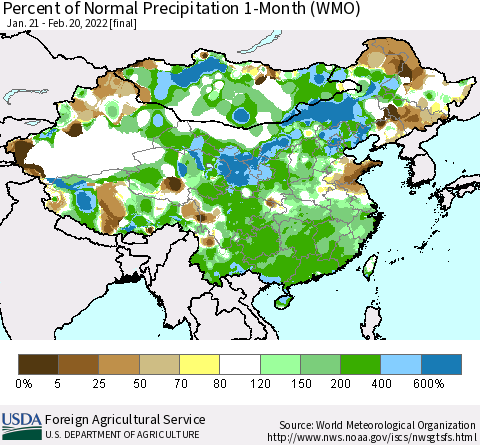 China, Mongolia and Taiwan Percent of Normal Precipitation 1-Month (WMO) Thematic Map For 1/21/2022 - 2/20/2022