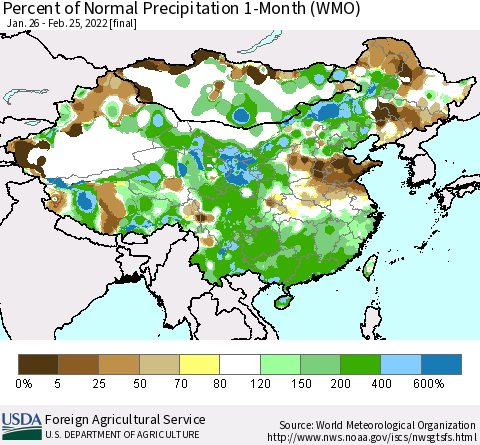 China, Mongolia and Taiwan Percent of Normal Precipitation 1-Month (WMO) Thematic Map For 1/26/2022 - 2/25/2022
